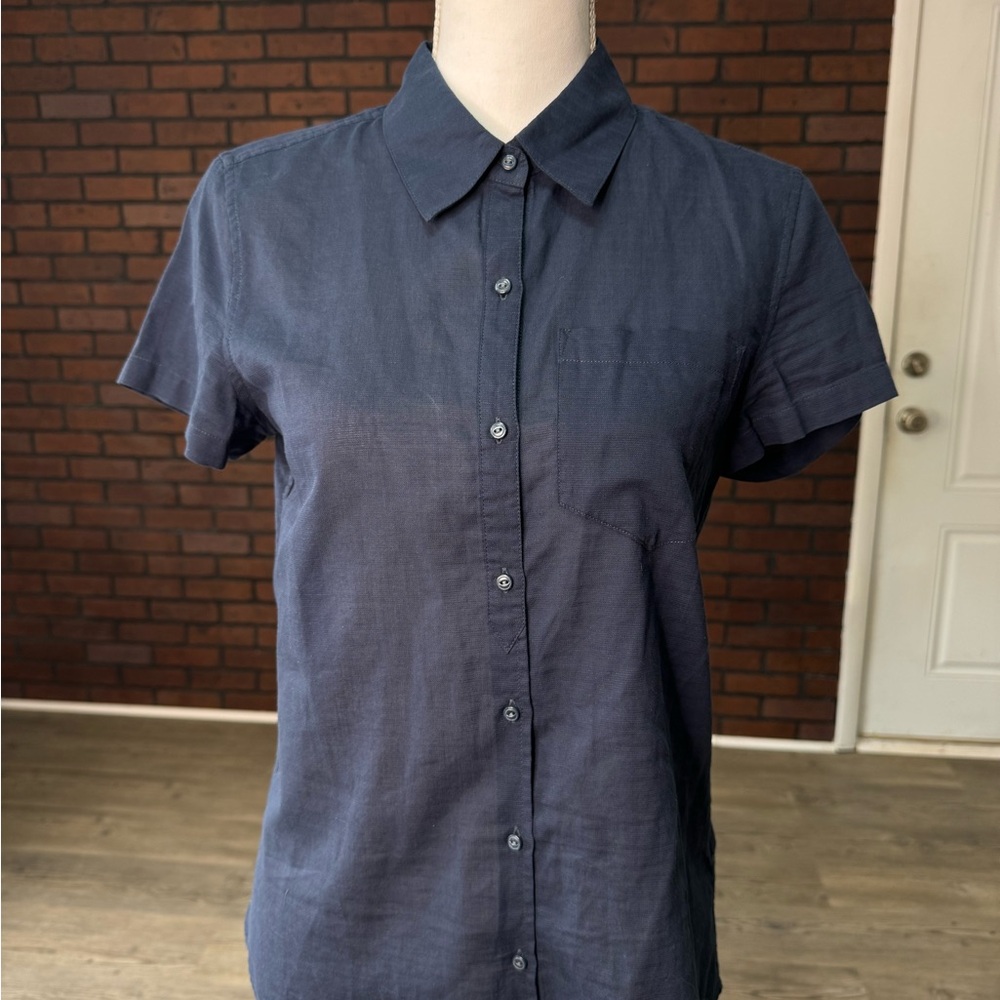 Patagonia Button Front Shirt Small Navy‎ Organic Cotton Hemp Short Sleeve